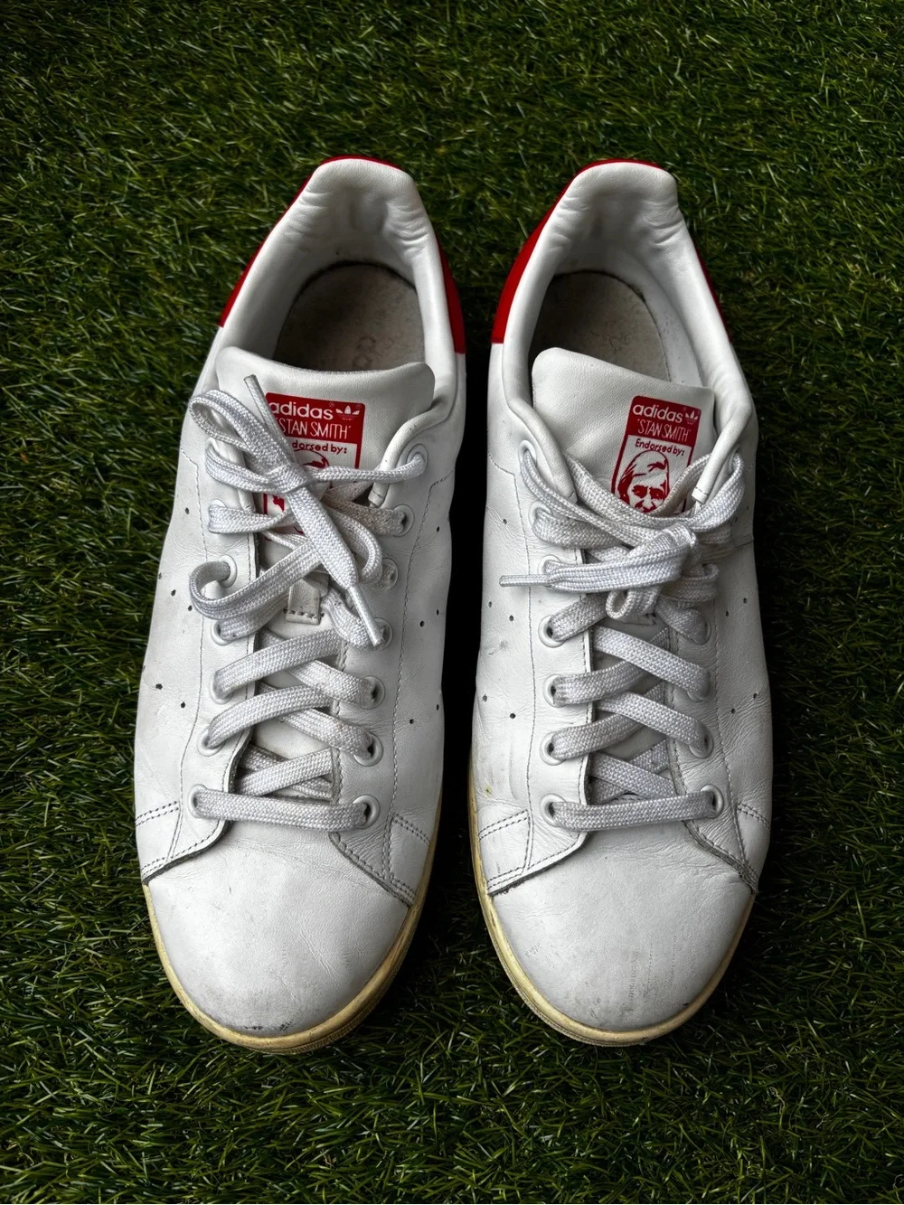 adidas Stan Smith White Leather Sneakers with Red Heel Patch